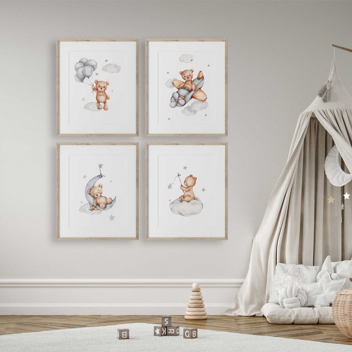 Gender-neutral nursery prints with teddy bear themes and soft textures