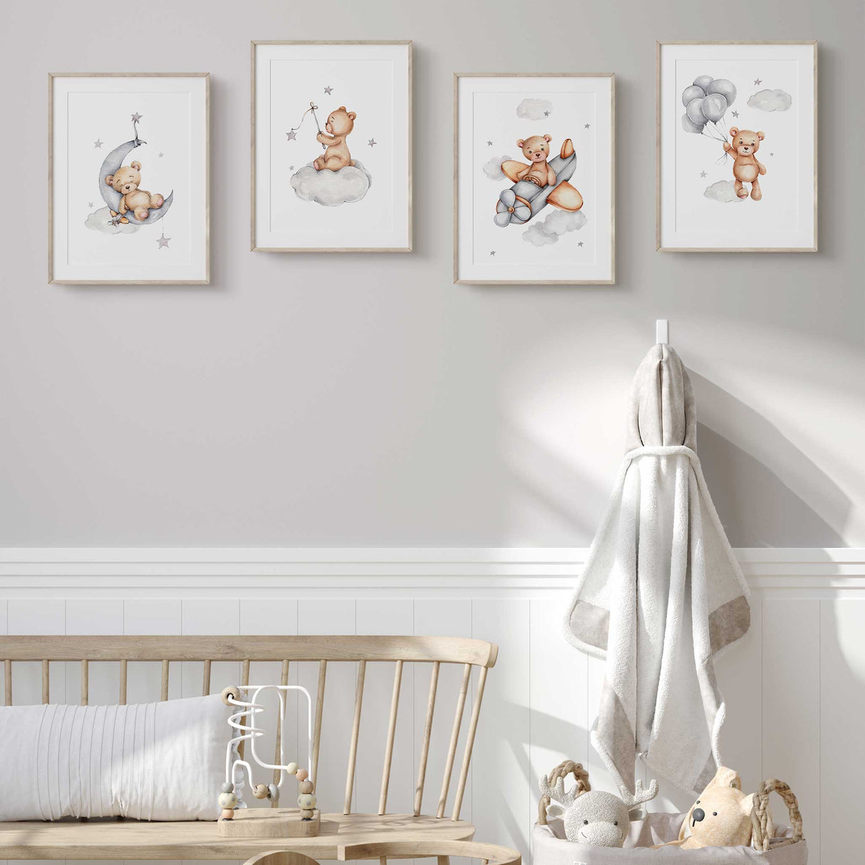 Teddy bear sleeping on a crescent moon nursery print with stars