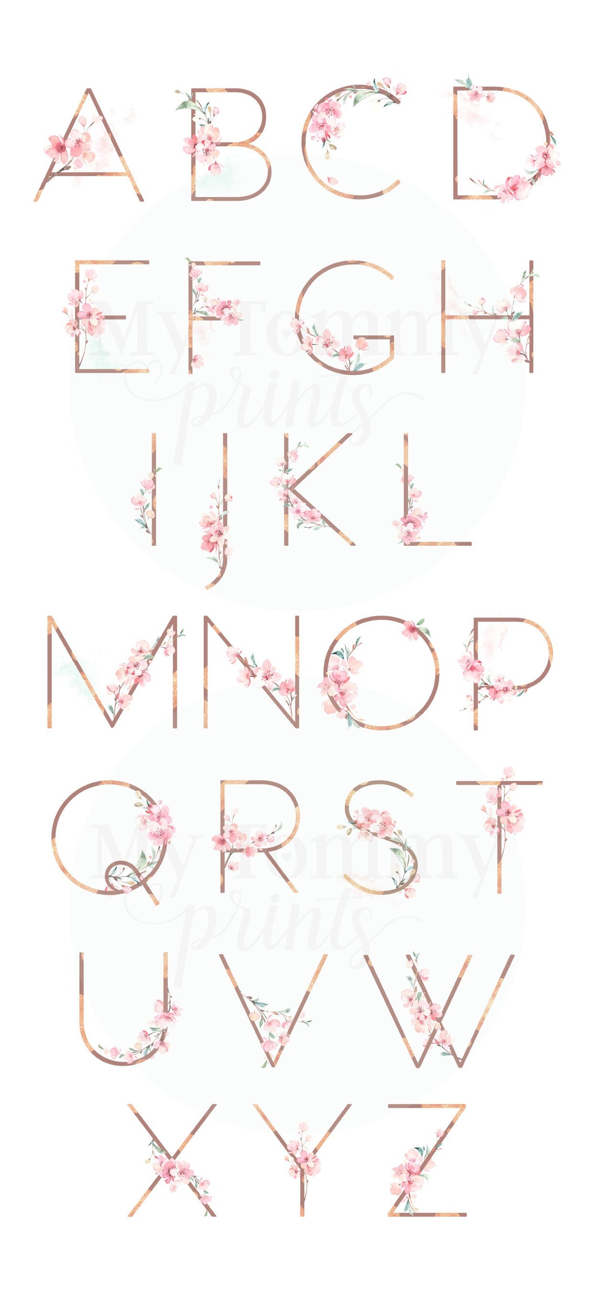 floral initial letters with gold letters and cherry blossom flowers