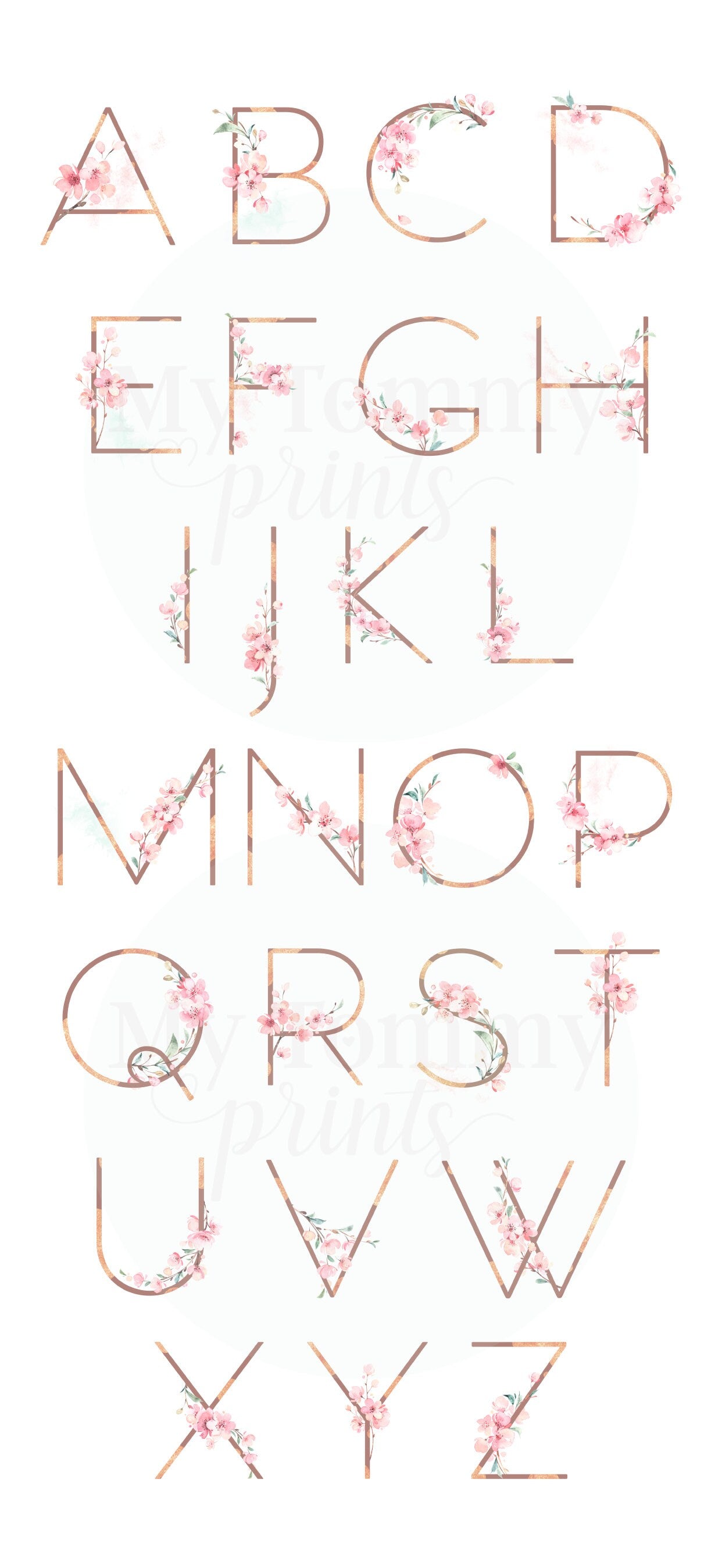 floral initial letters with gold letters and cherry blossom flowers