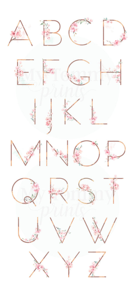 floral initial letters with gold letters and cherry blossom flowers