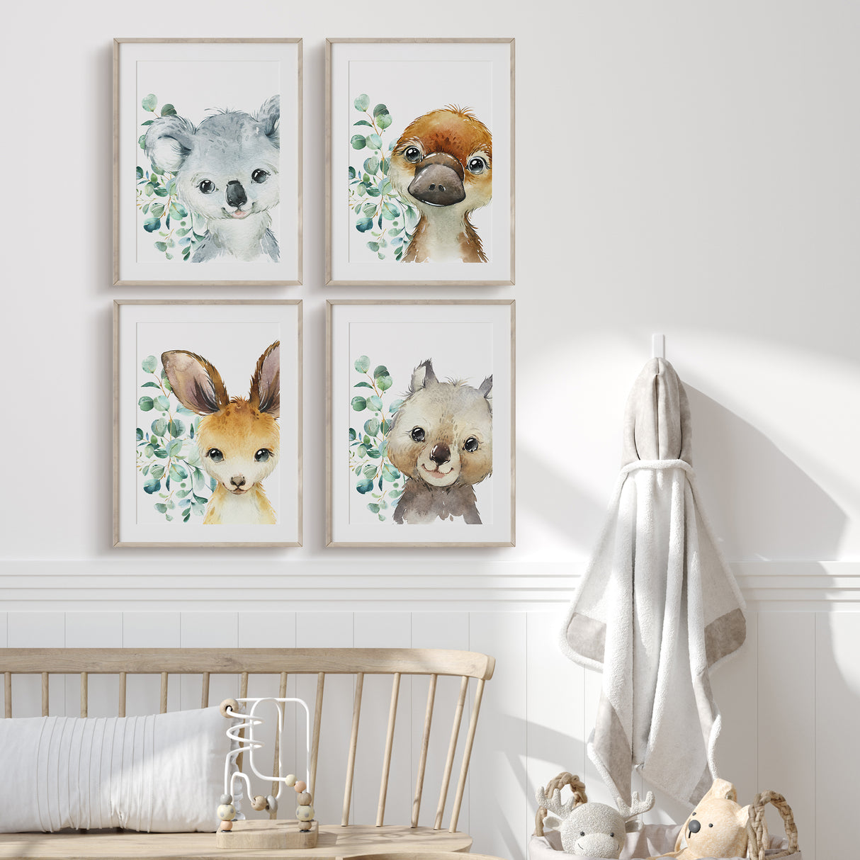 Baby nursery prints with watercolor Australian animals, perfect for toddler and kids bedroom wall décor.