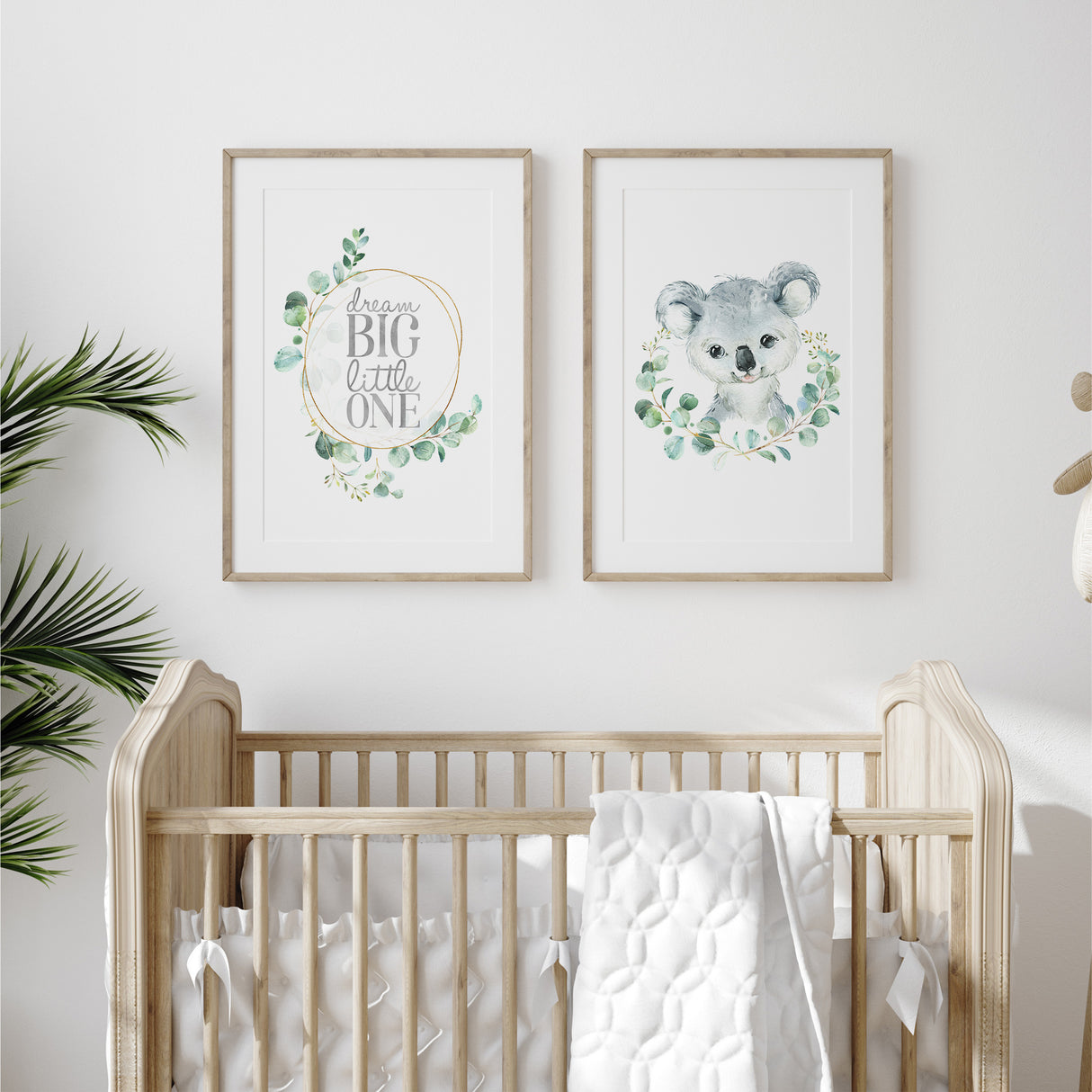 Koala and quote nursery print set in soft neutral colours with eucalyptus leaves, ideal baby room or playroom wall art.