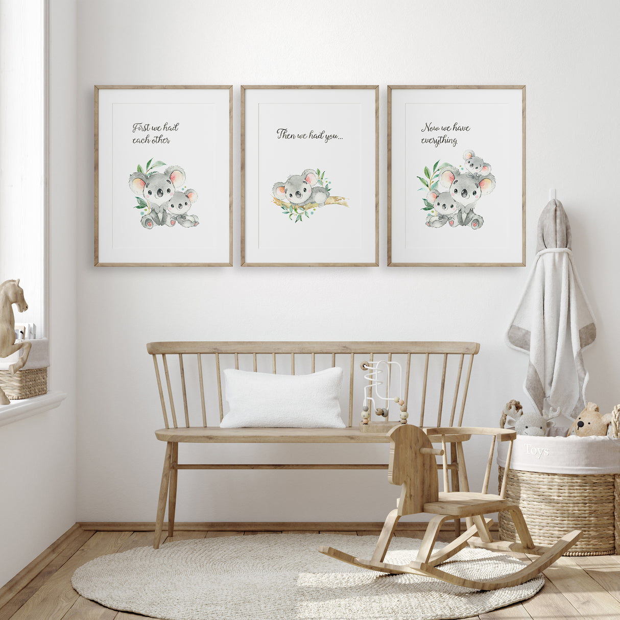 Australian animal nursery wall art set with koala family illustrations, ideal for gender neutral baby rooms and wildlife inspired décor.