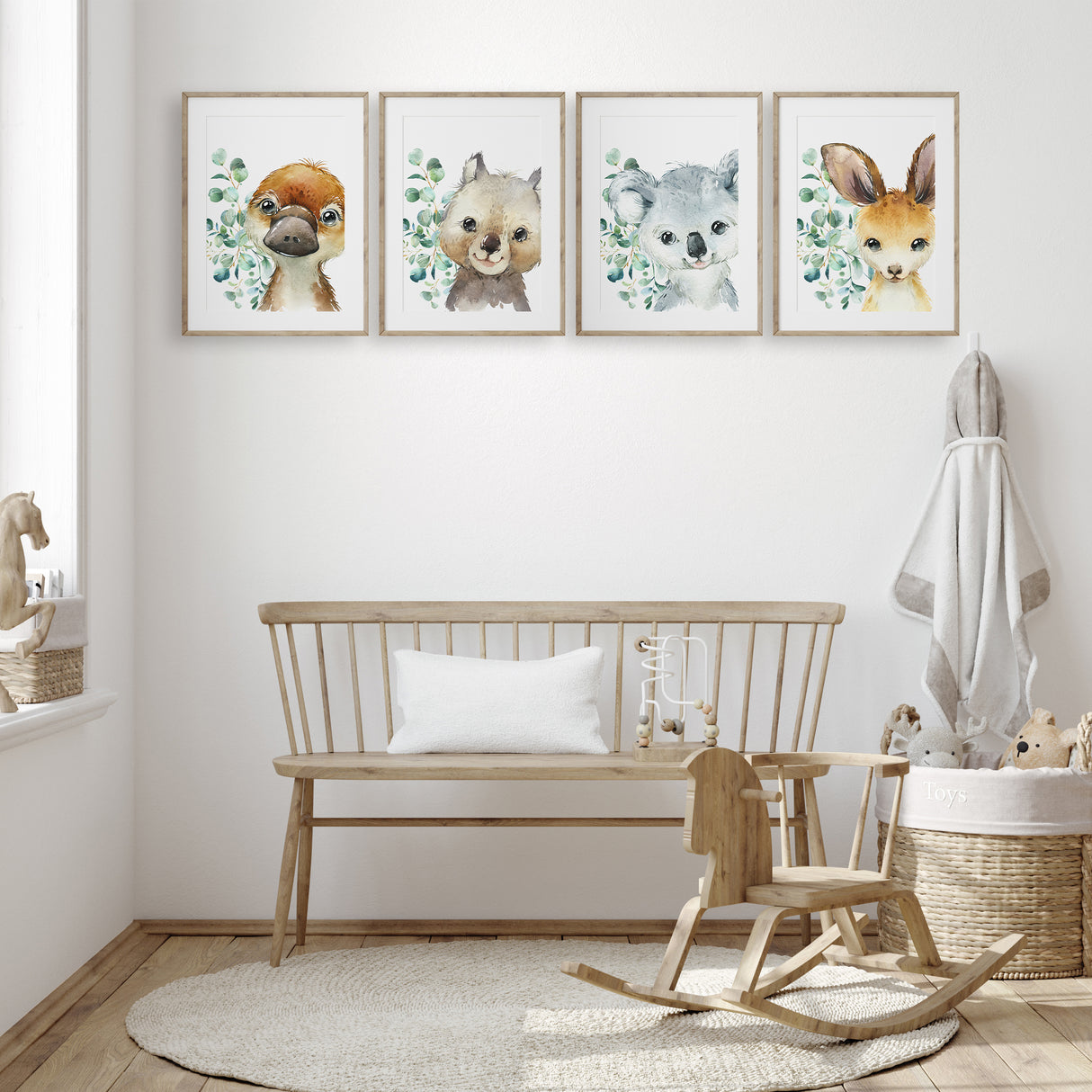 Cute koala and kangaroo watercolor art prints for kids room wall décor, Australian animal nursery set.
