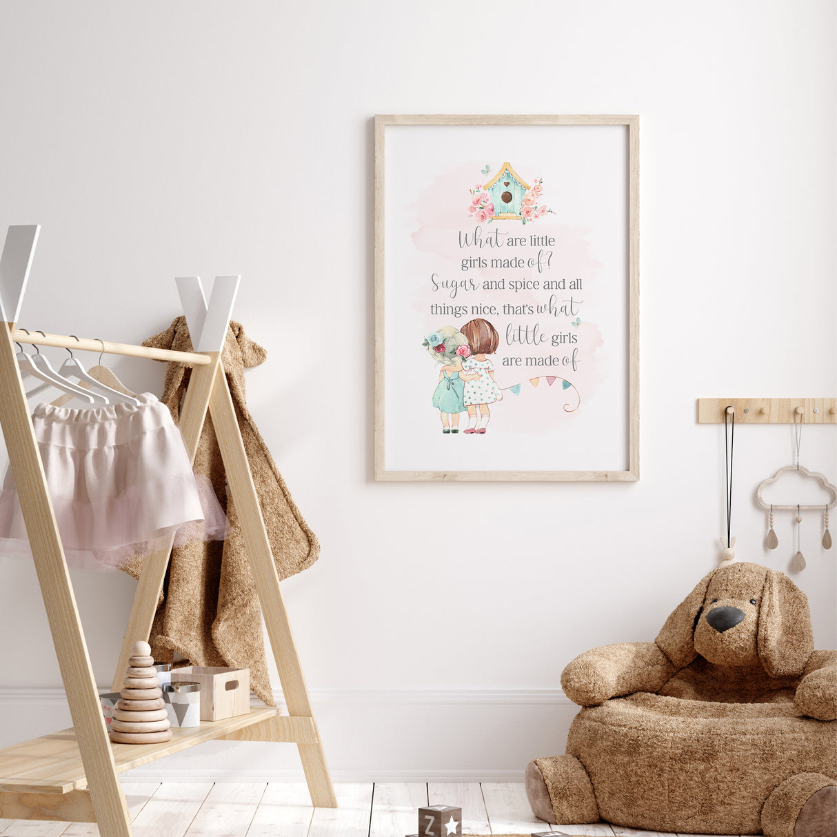 Pink and white nursery wall art with classic girlhood saying