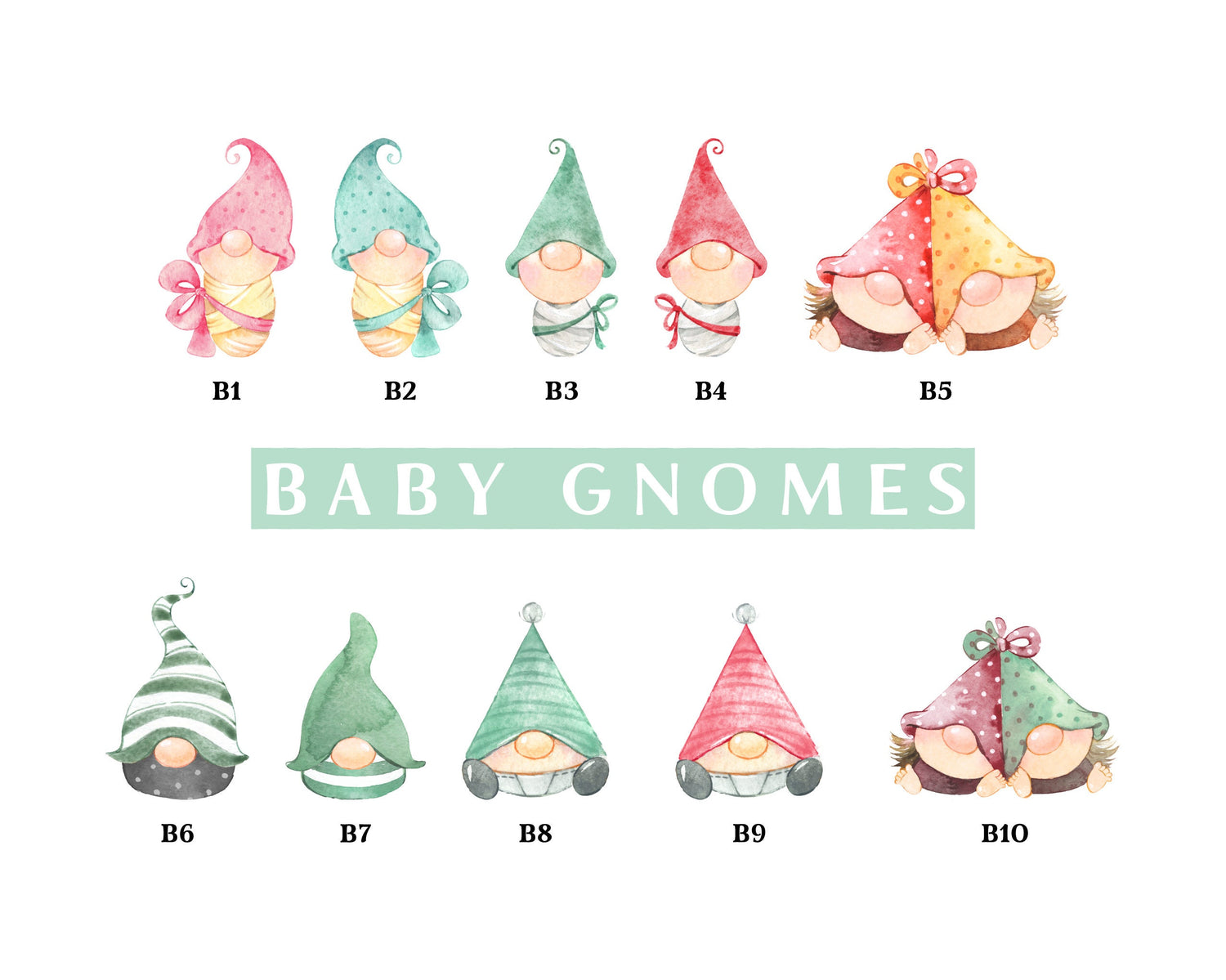 Baby gnome selection chart showing swaddled gnomes and Scandinavian baby gonks.