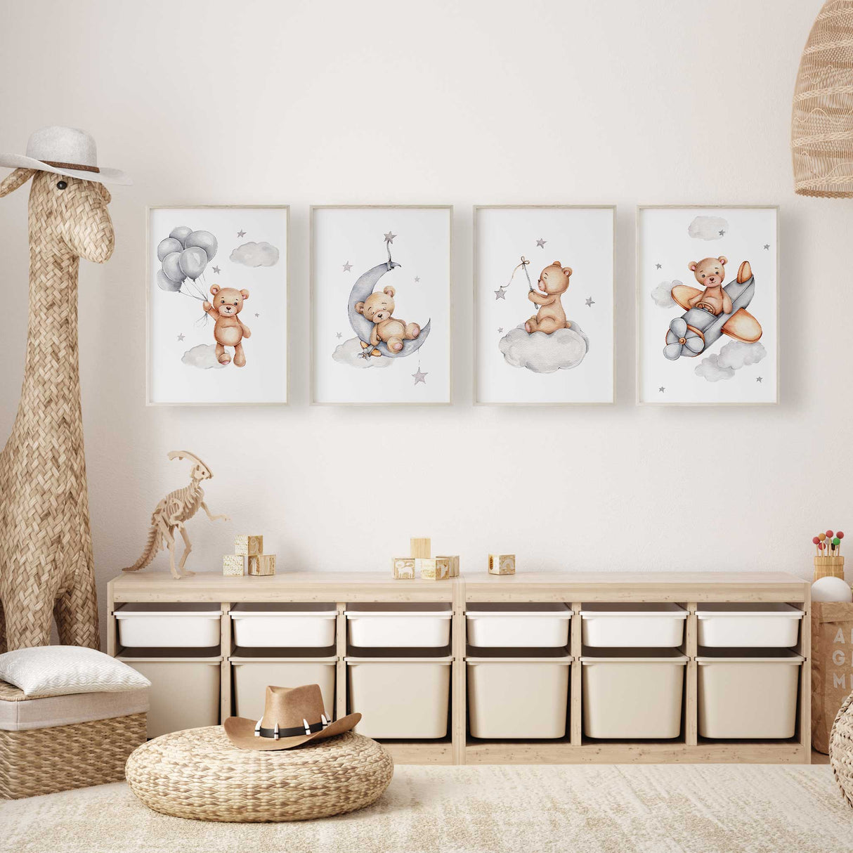 Baby boy or girl nursery wall art set featuring teddy bears and dreamy skies