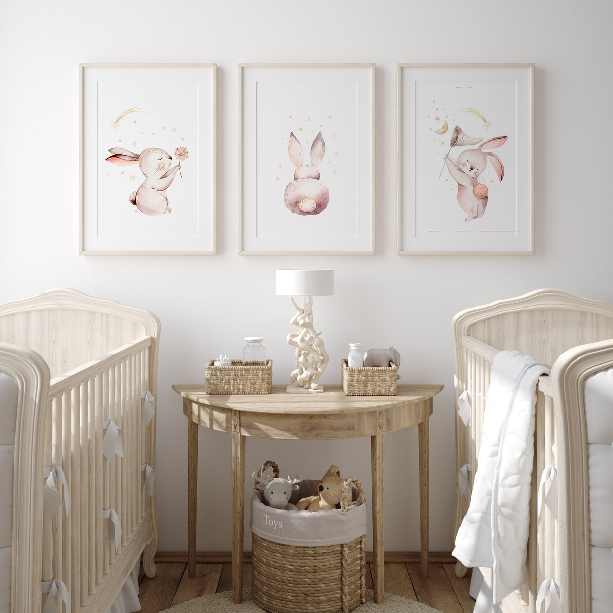 Blush bunny nursery wall art with moon and stars