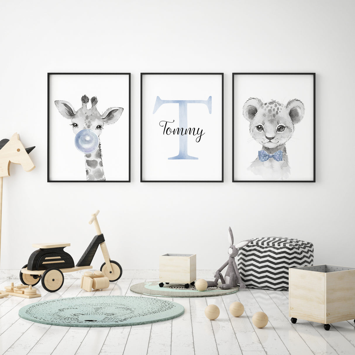 Set of three personalised boys animal wall art prints in blue tones
