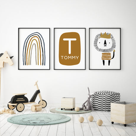 Three piece boys nursery wall art set with lion, rainbow and personalised name print