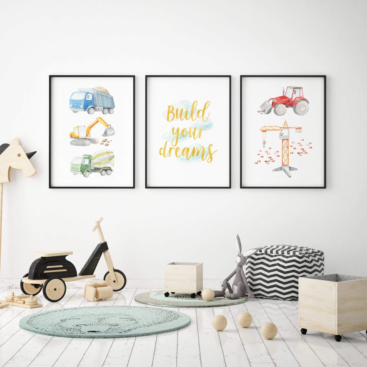 Boys construction vehicle wall art set of 3 prints with trucks, digger, crane, and “Build Your Dreams” quote