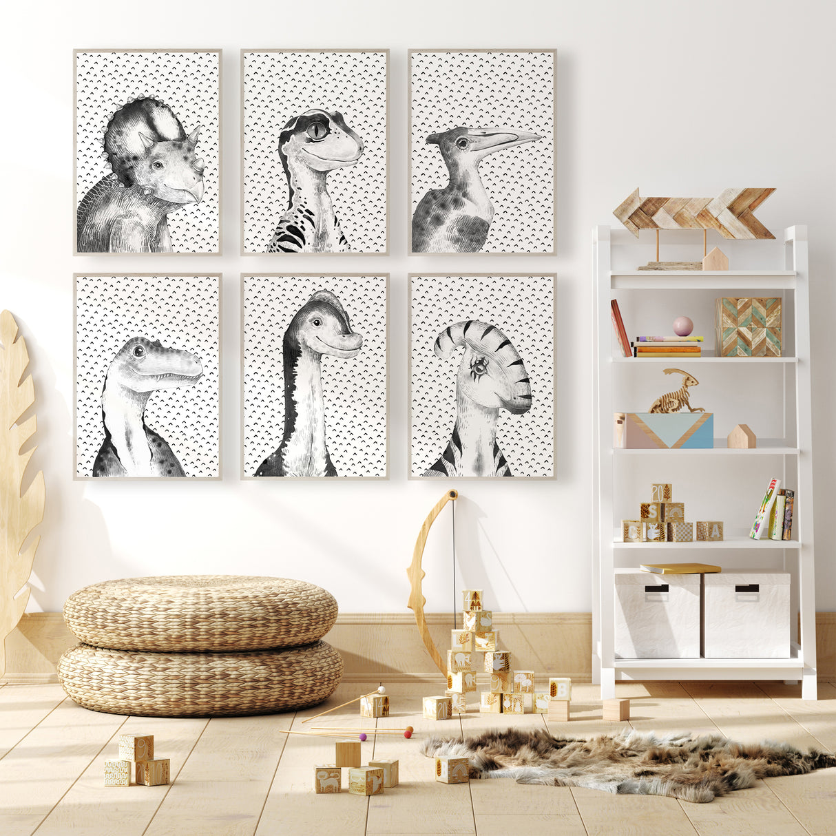 Set of six dinosaur prints for boys nursery wall decor featuring modern portrait style.