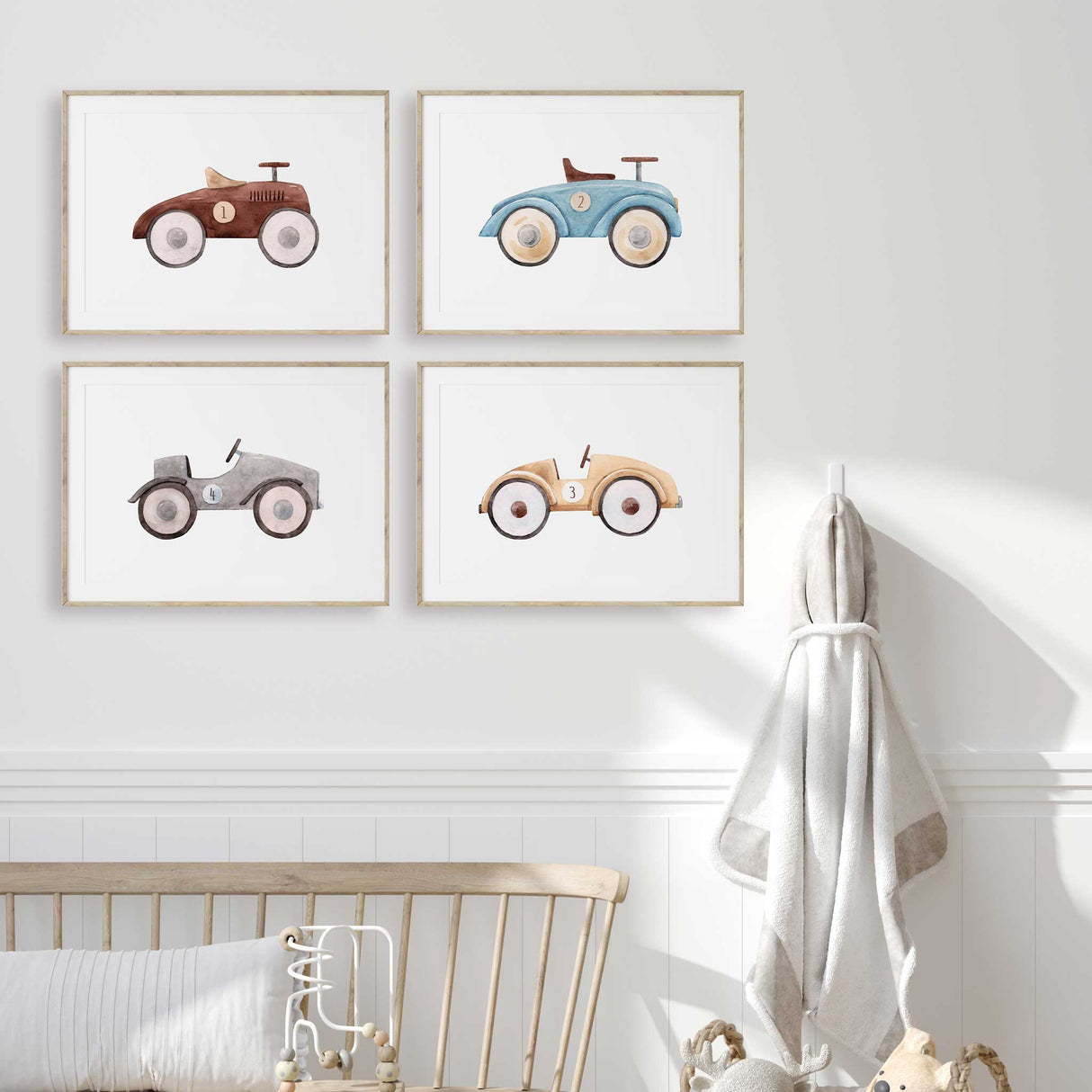 neutral toy style race car print perfect for toddler boys bedroom or nursery decor