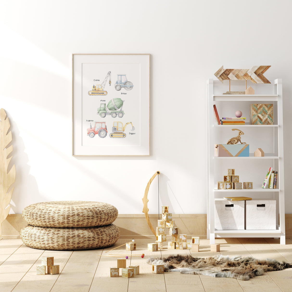 Watercolour construction vehicle print in multi colours, perfect for kids room or baby nursery décor.