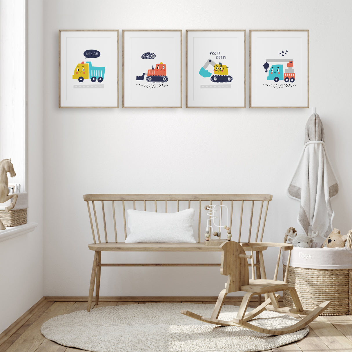 Cute construction vehicle nursery prints with vibrant colors, including a yellow and blue truck, blue and orange crane, orange bulldozer, and yellow and blue excavator.