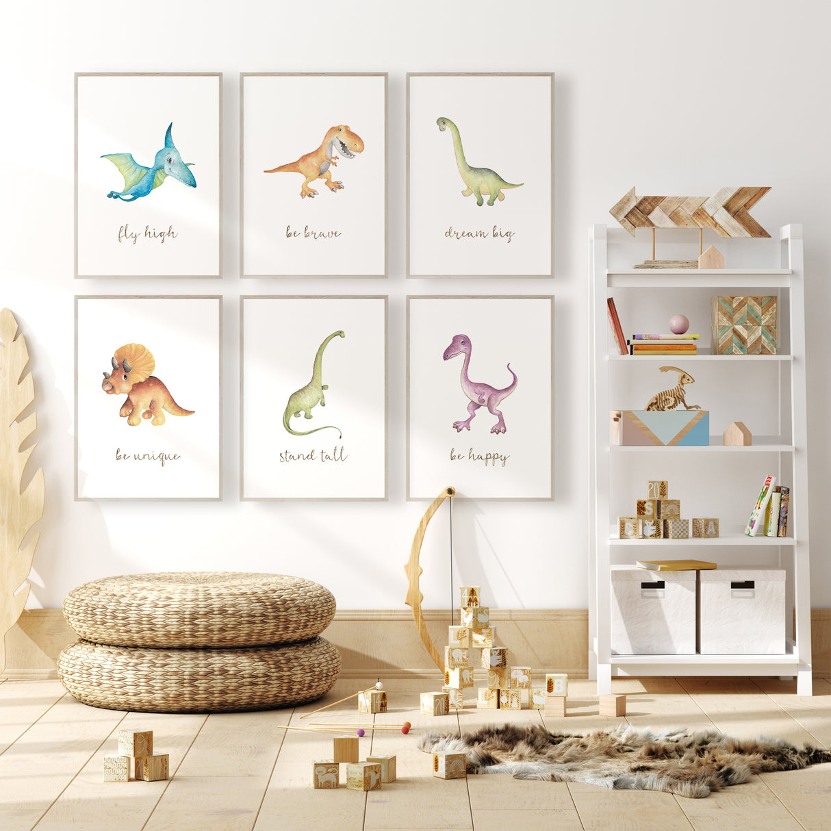 Dinosaur wall art set for kids with positive quotes and cute dino illustrations
