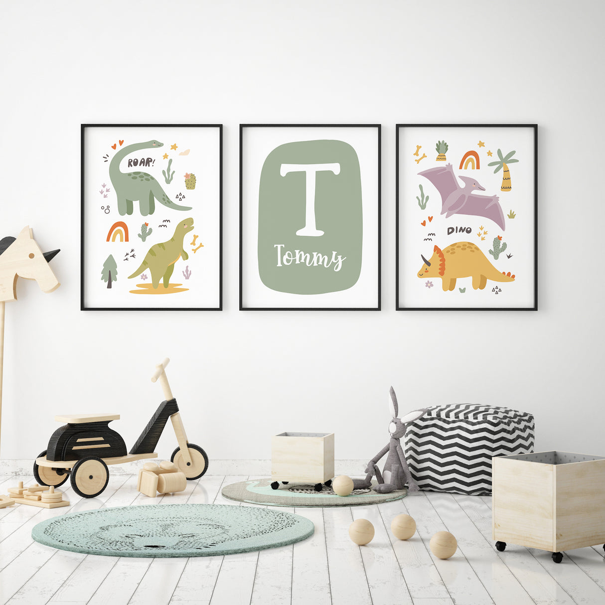 Dinosaur wall art set of 3 personalised prints for boys nursery