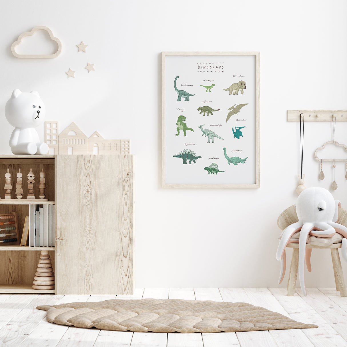 Dinosaur nursery educational wall art print with labelled dinosaurs for kids room décor