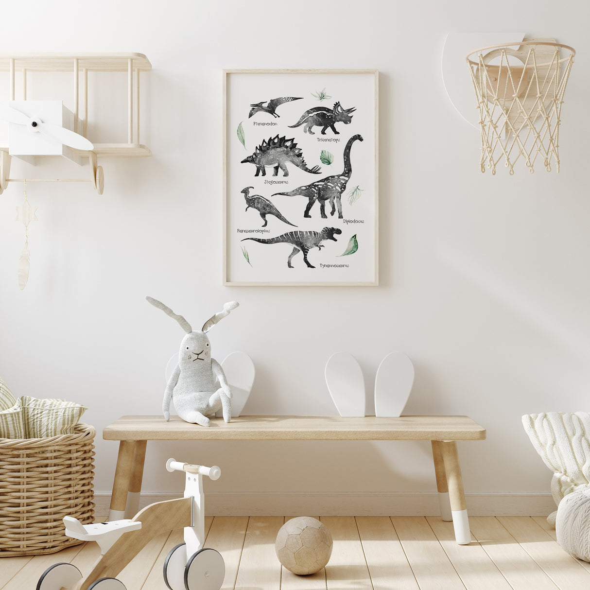 Dinosaur art print for toddler boys nursery or playroom with hand-painted prehistoric designs.