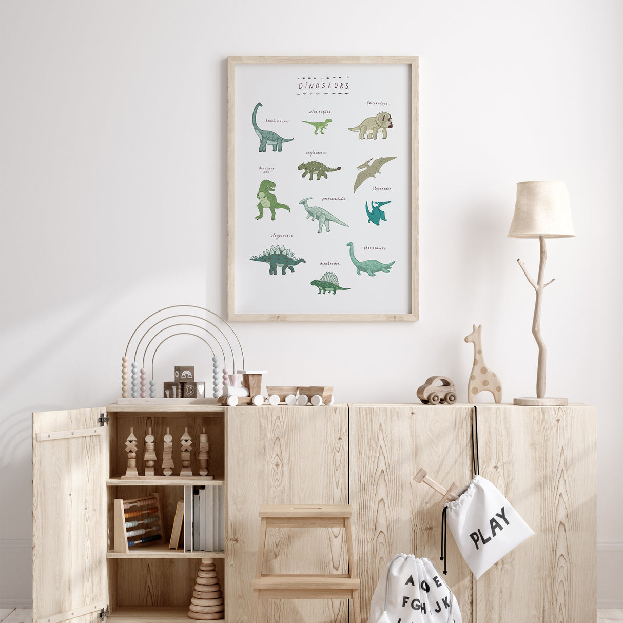 Dinosaur kids wall art print with labelled dinosaurs for educational nursery décor