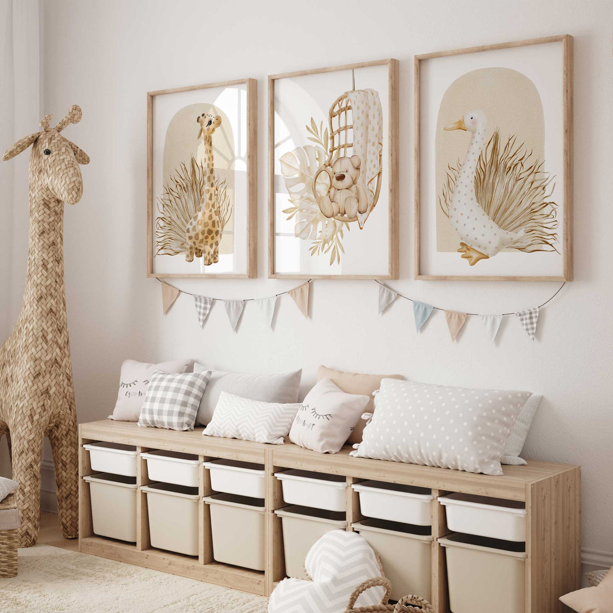 Safari duck animal wall art print for boho and gender-neutral baby nursery