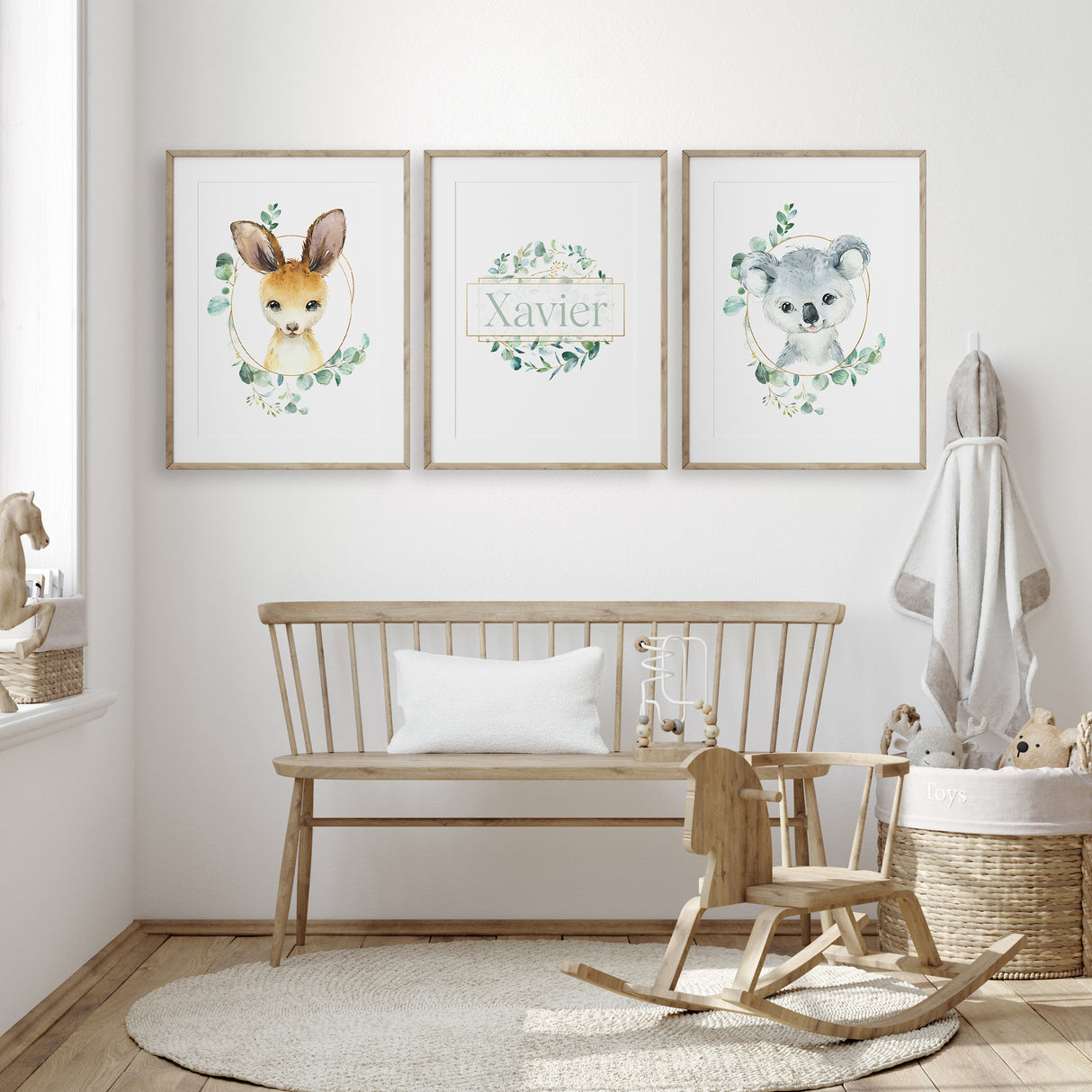 Koala and kangaroo nursery wall art prints with eucalyptus wreath personalised with child’s name