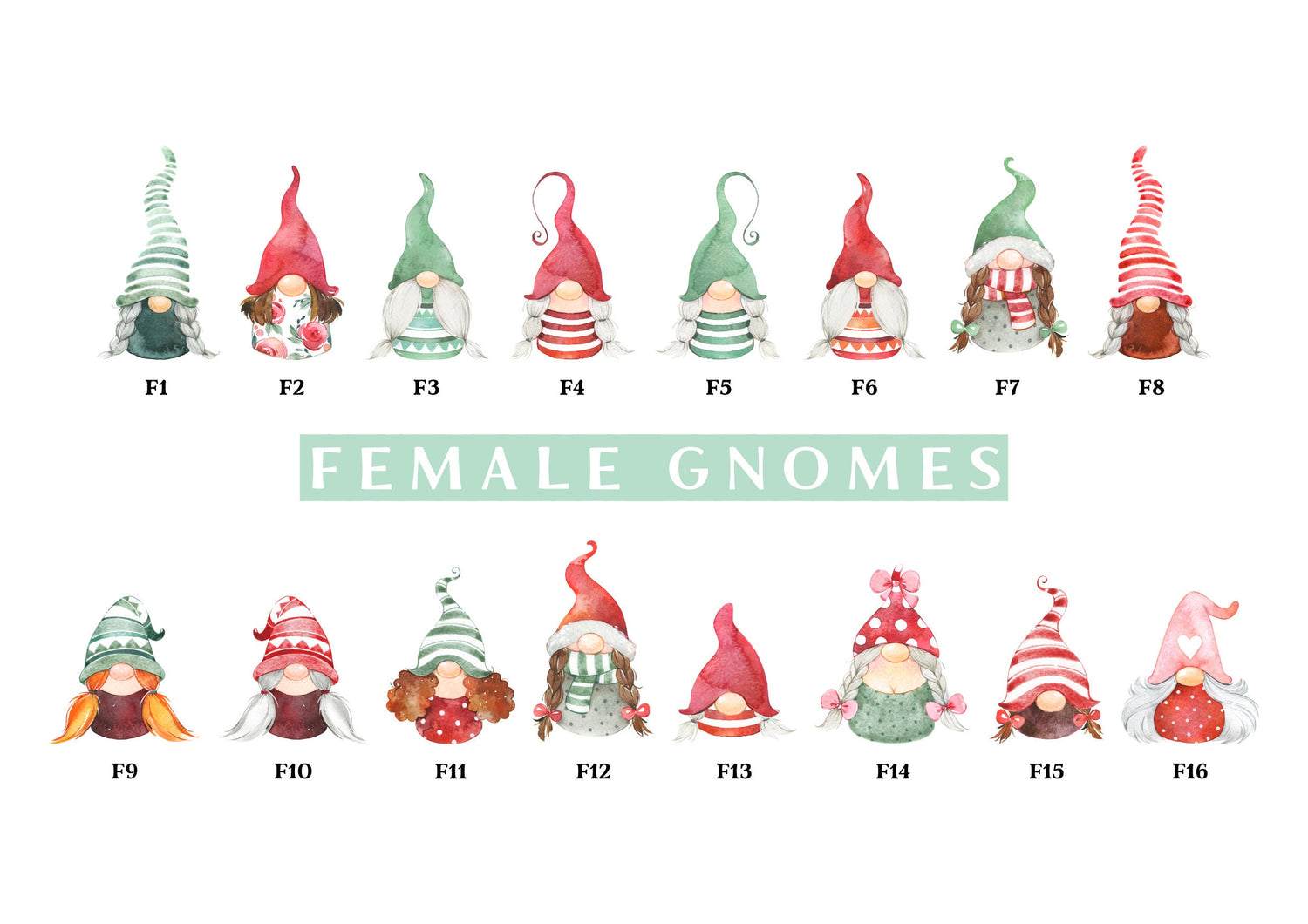female gnome character selection chart with Scandinavian gnome designs.