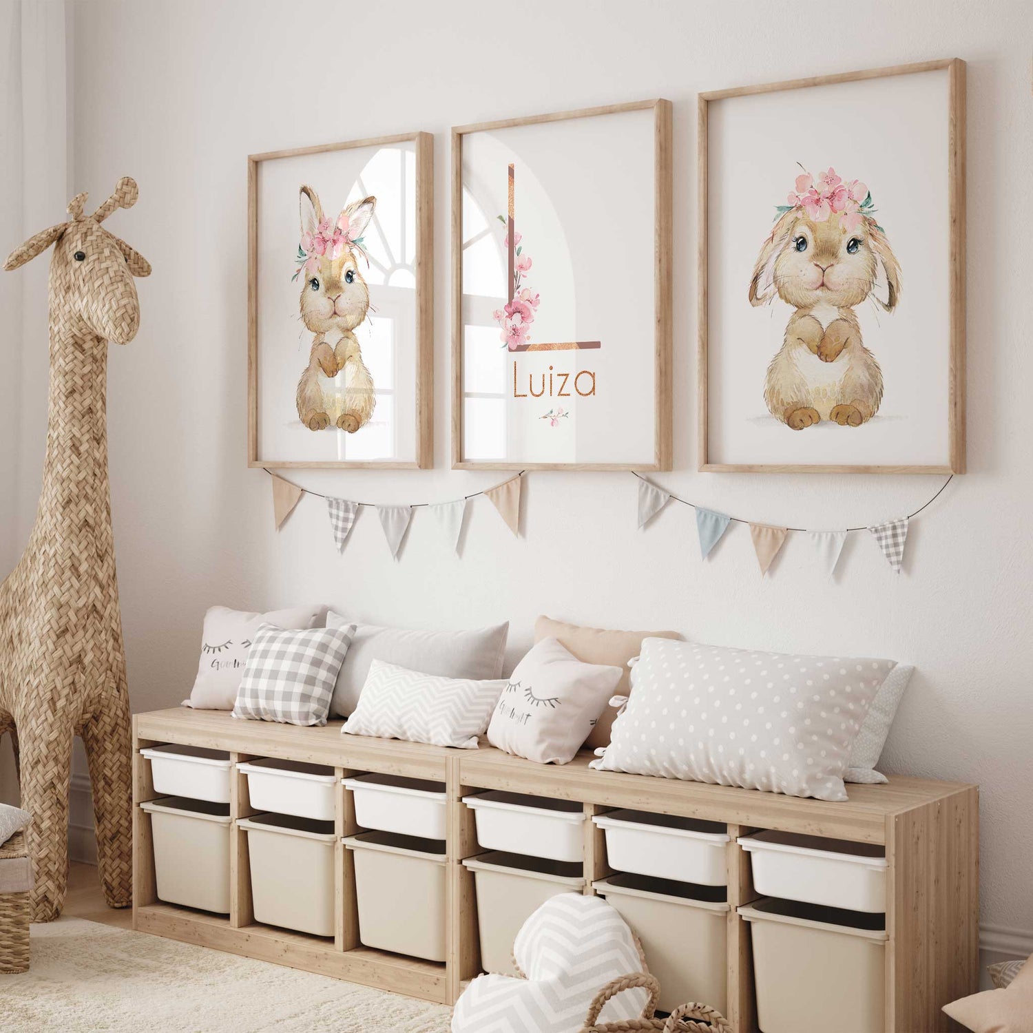 Girls' bedroom bunny wall art prints with personalised floral initial and name, ideal for nursery decor.
