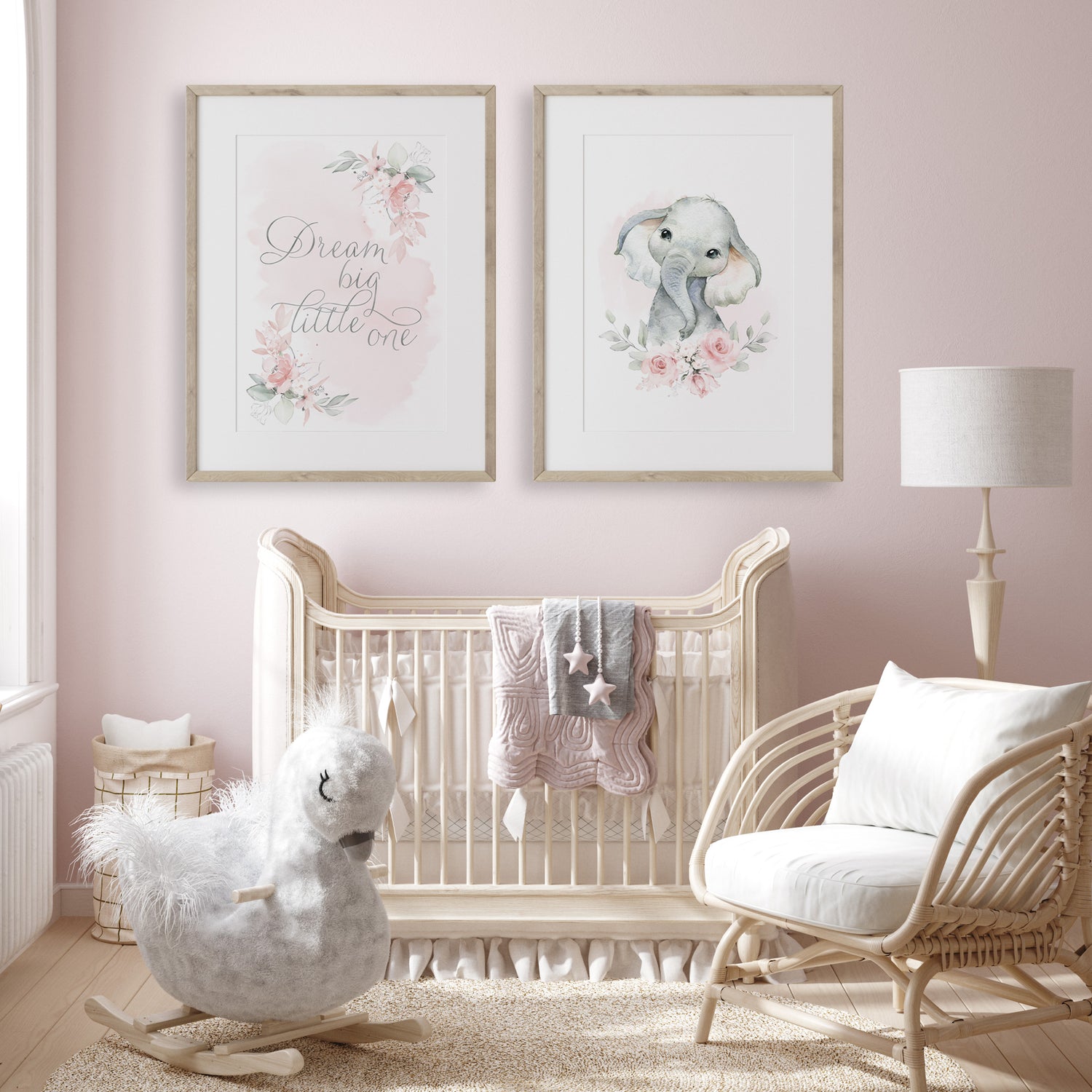 Floral nursery prints in soft pink and grey