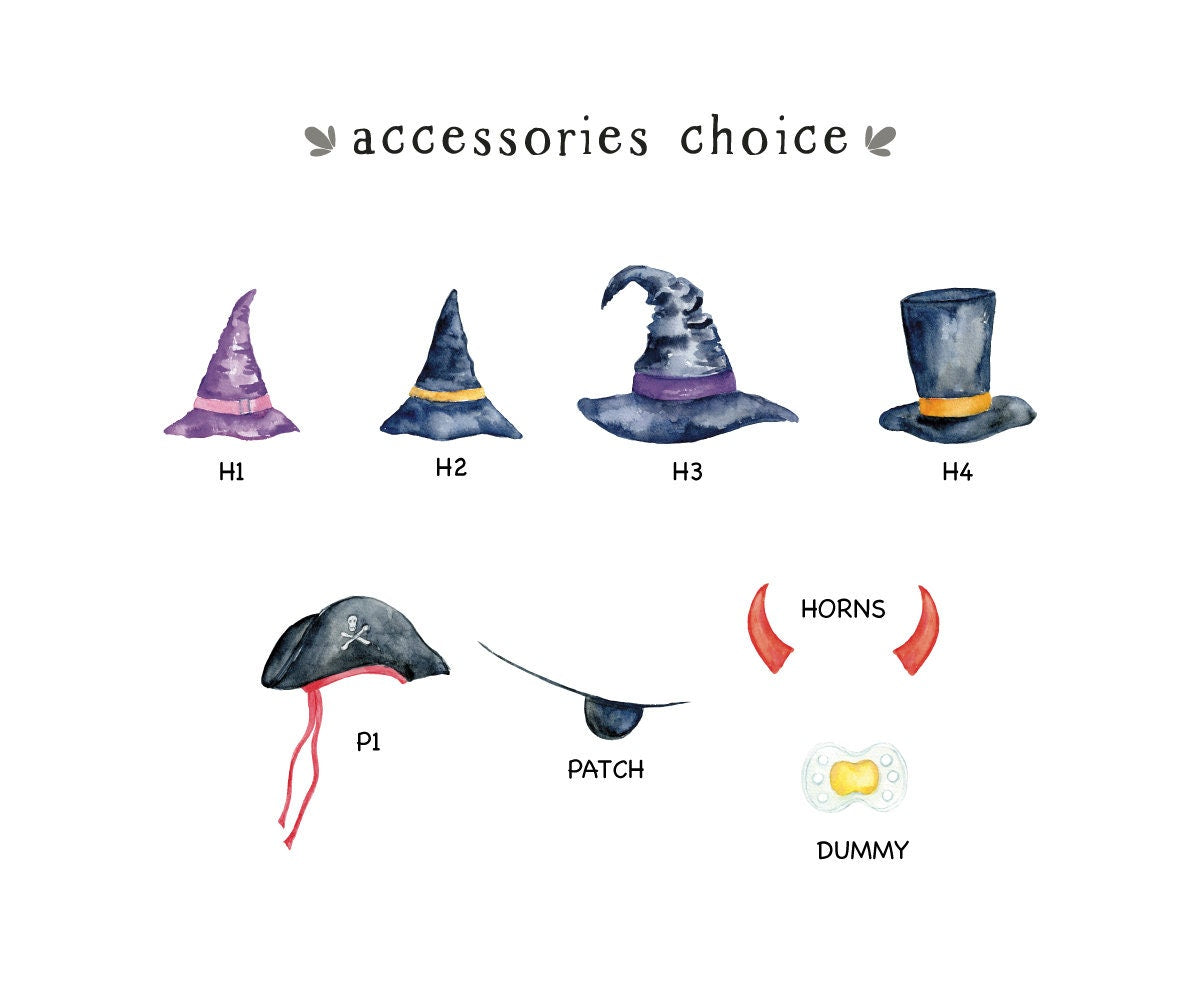 Pumpkin family accessories chart with witch hats, top hats, horns, and pirate patch for Halloween prints.