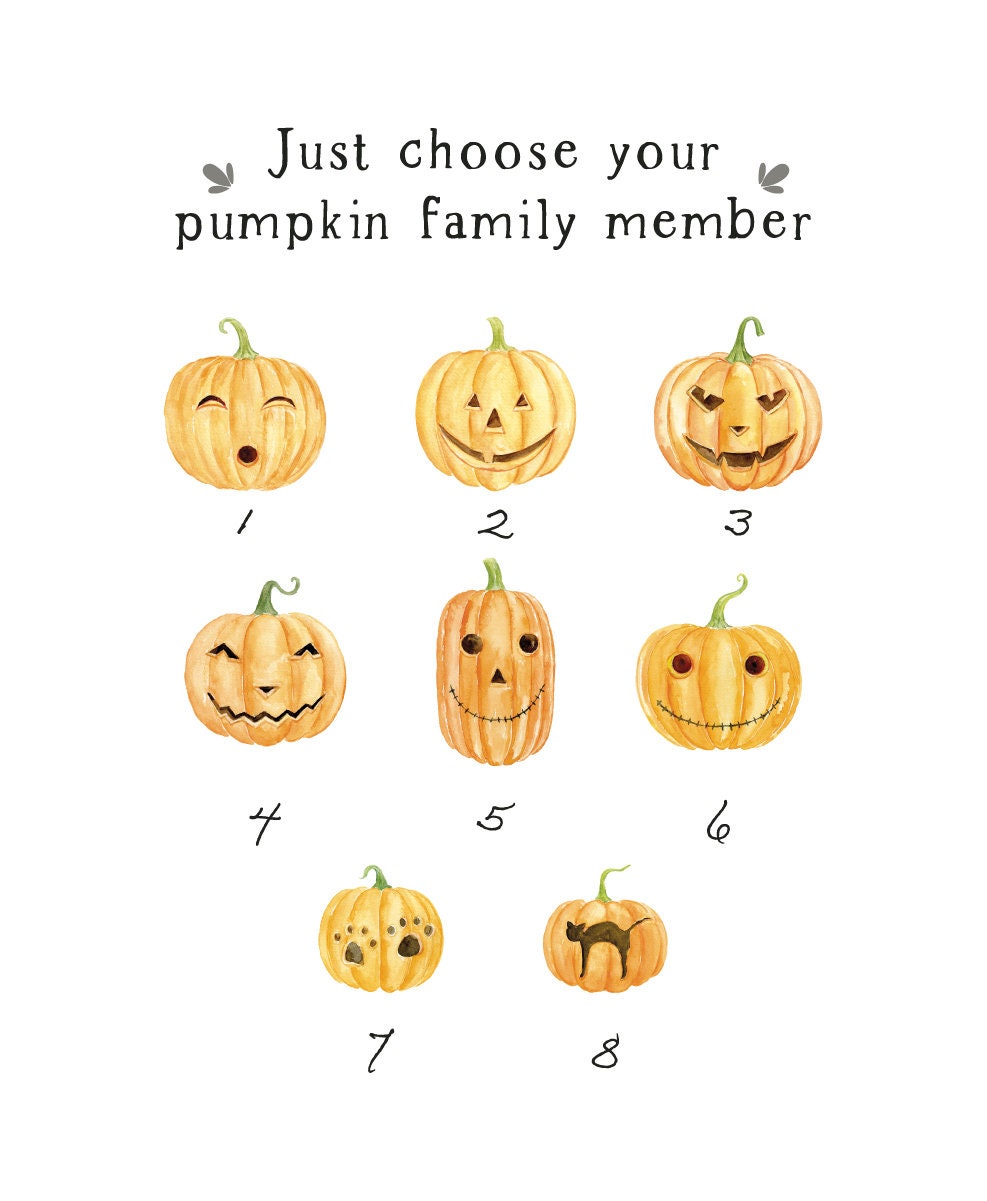 Pumpkin family accessories chart with witch hats, top hats, horns, and pirate patch for Halloween prints.