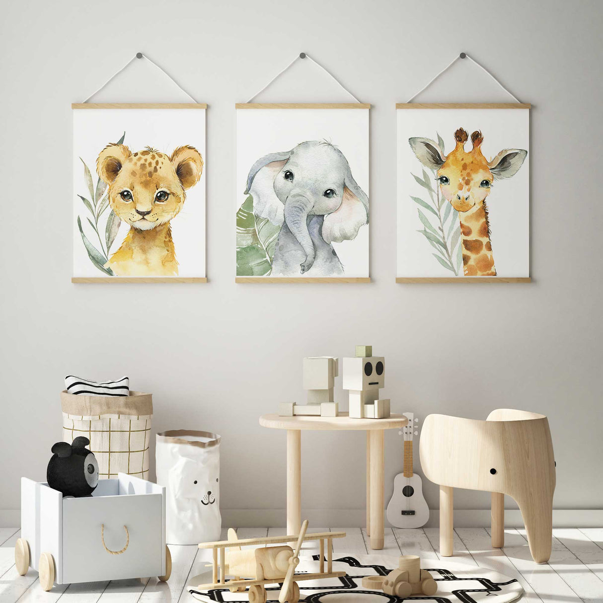 Adorable safari baby animal wall art set with giraffe, elephant, and lion