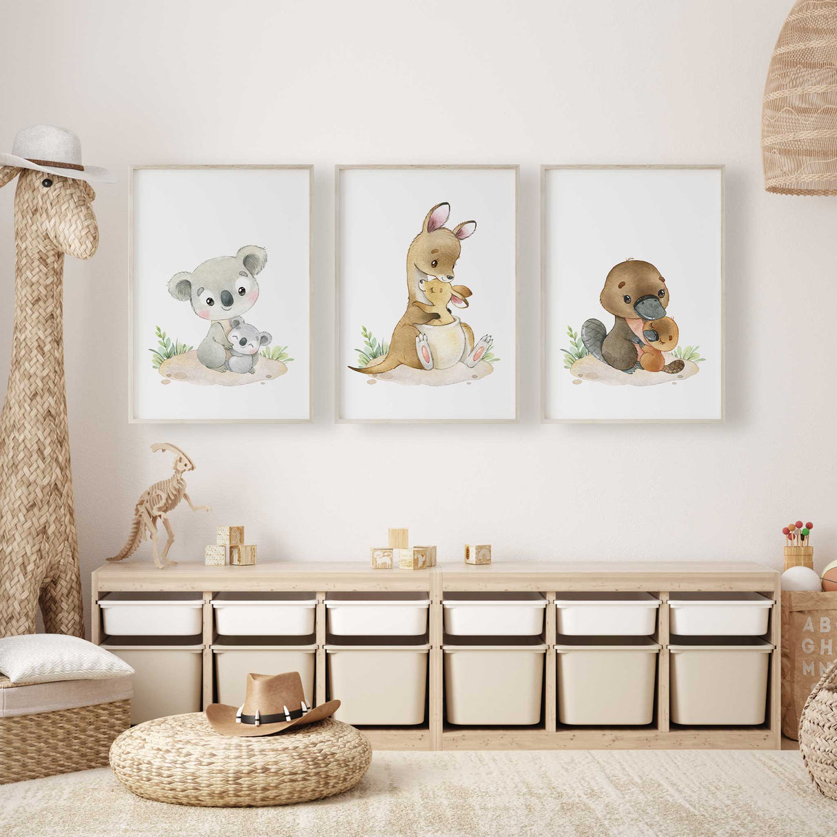 Koala nursery wall art with cuddly koalas in neutral colours, perfect for Australian animal baby room or playroom decor.