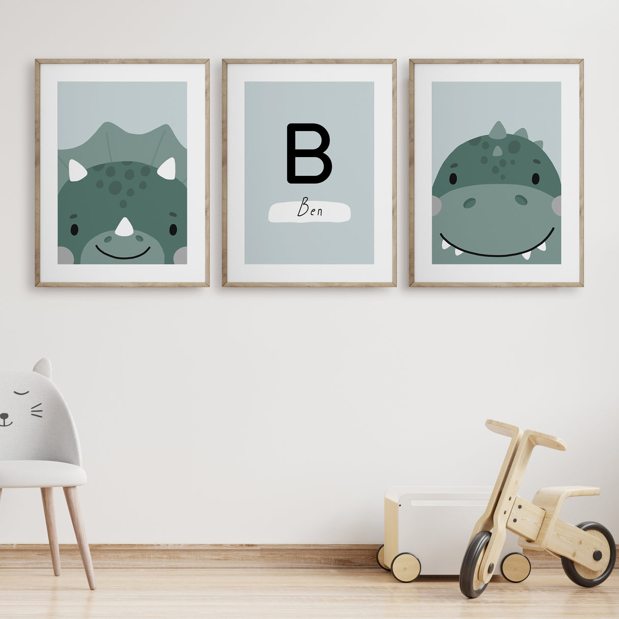 Dinosaur nursery décor set with personalised artwork, perfect for playful and educational kids’ spaces