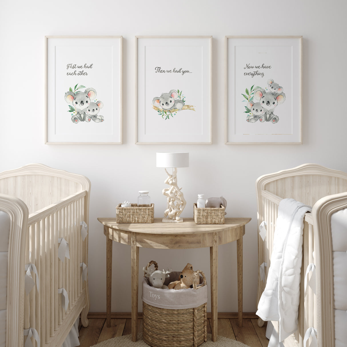Set of 3 koala family quote prints featuring parents and baby koalas, perfect for Australian themed nursery or kids room wall art.