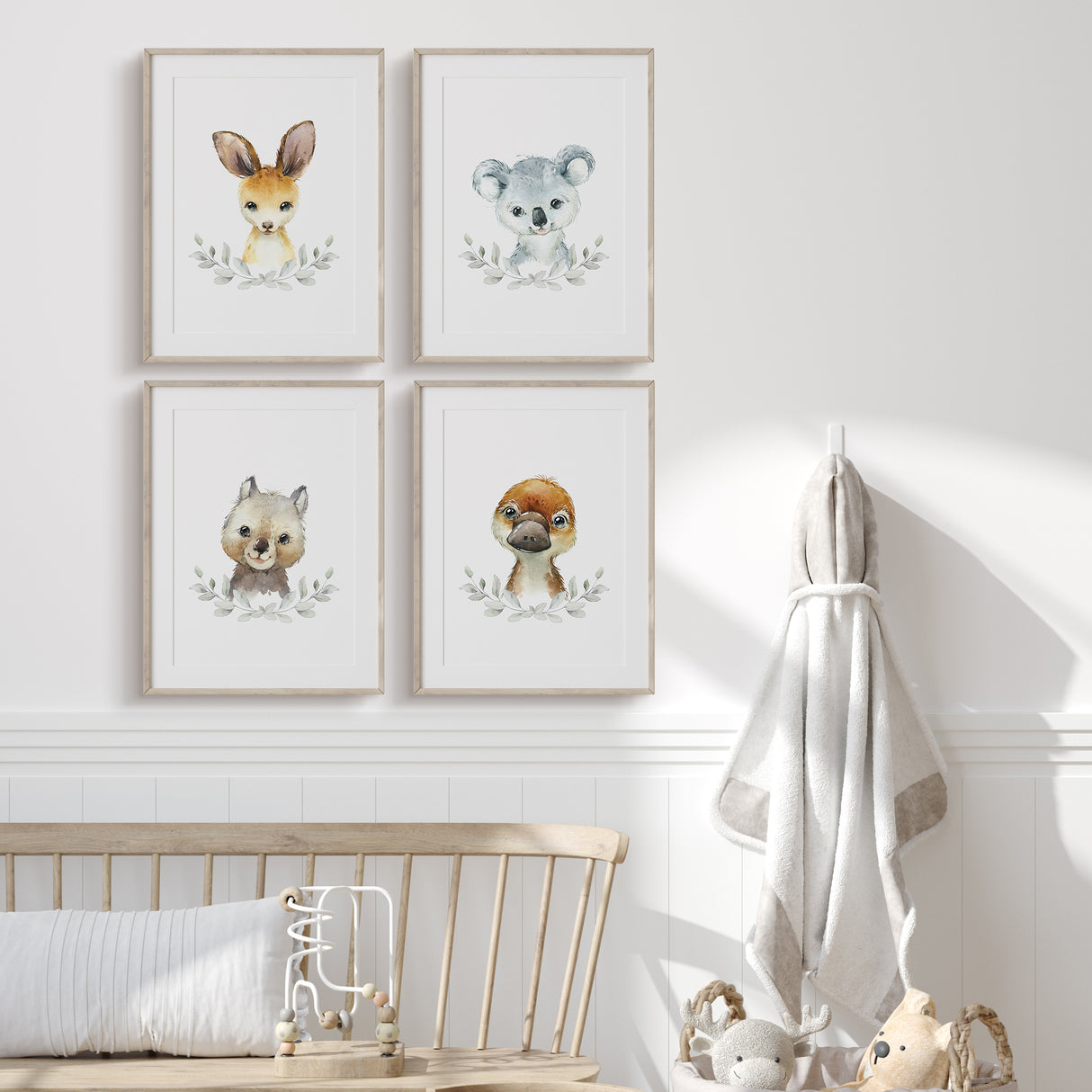 Koala nursery wall art print with neutral botanical detail