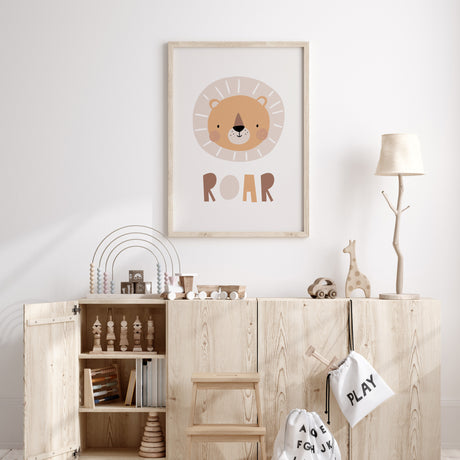 Lion nursery wall art print with cute “Roar” lettering for kids room décor