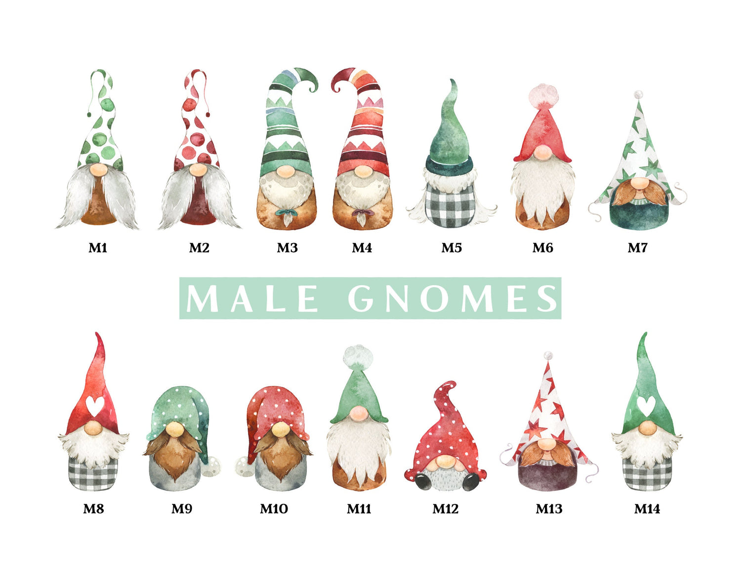 Personalised family print male gnome options, Scandinavian gonk characters to choose from.