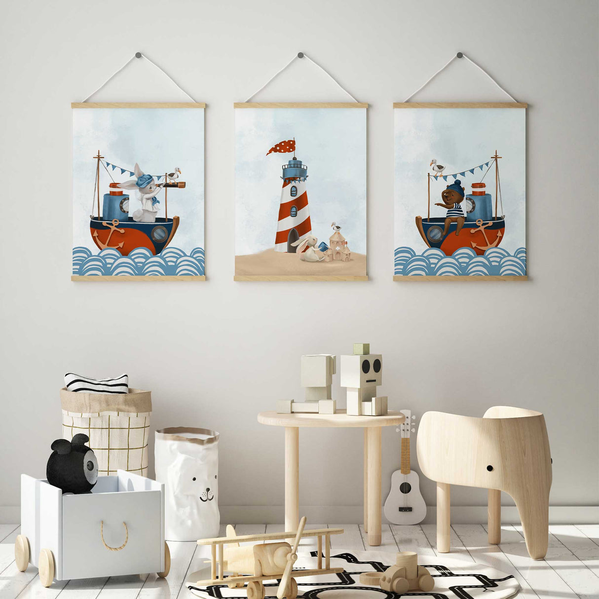 Teddy sailor in striped shirt on a boat with seagull – ocean nursery wall art for boys