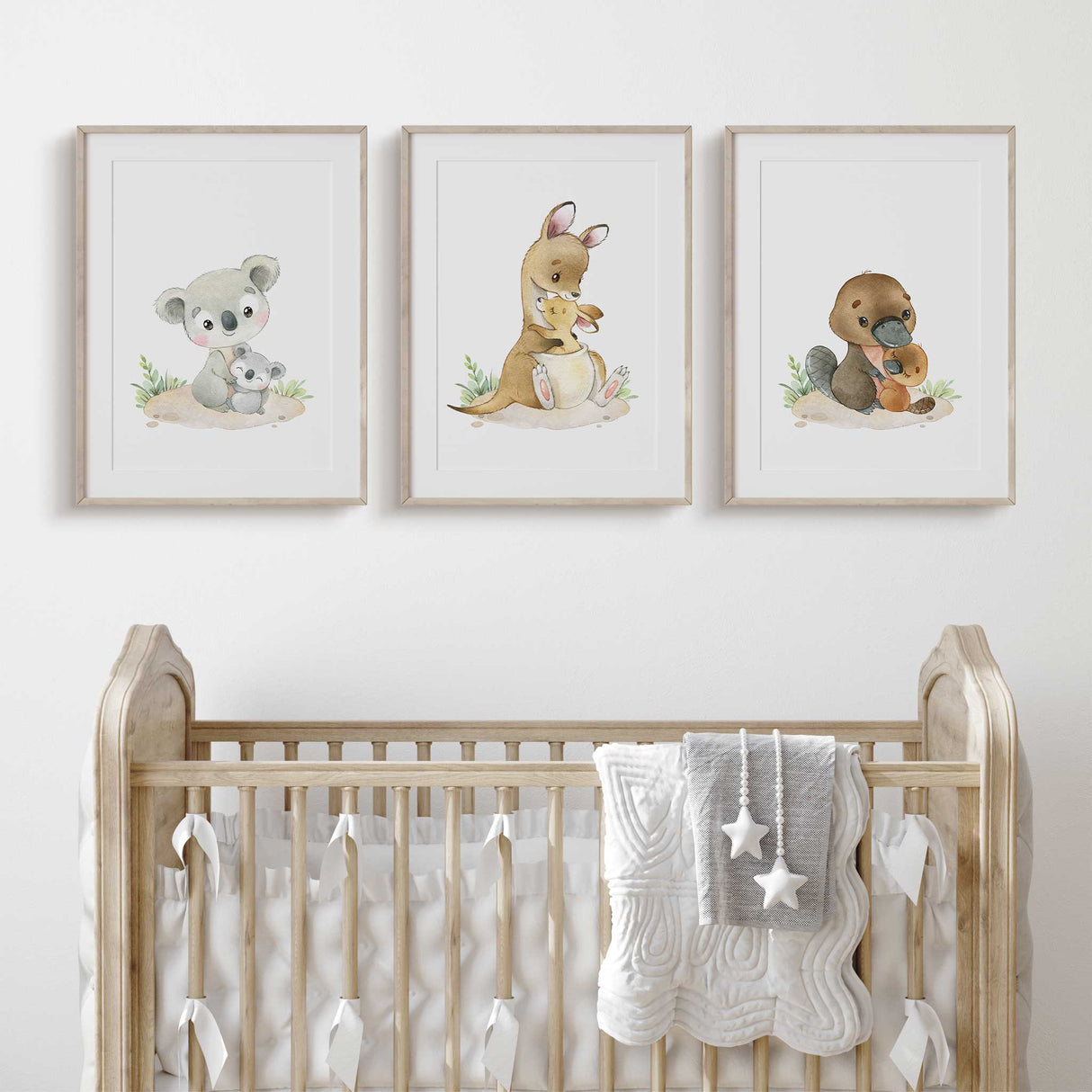 Watercolour Australian animals nursery print with baby and parent illustration, perfect for Australian animal themed baby wall art.