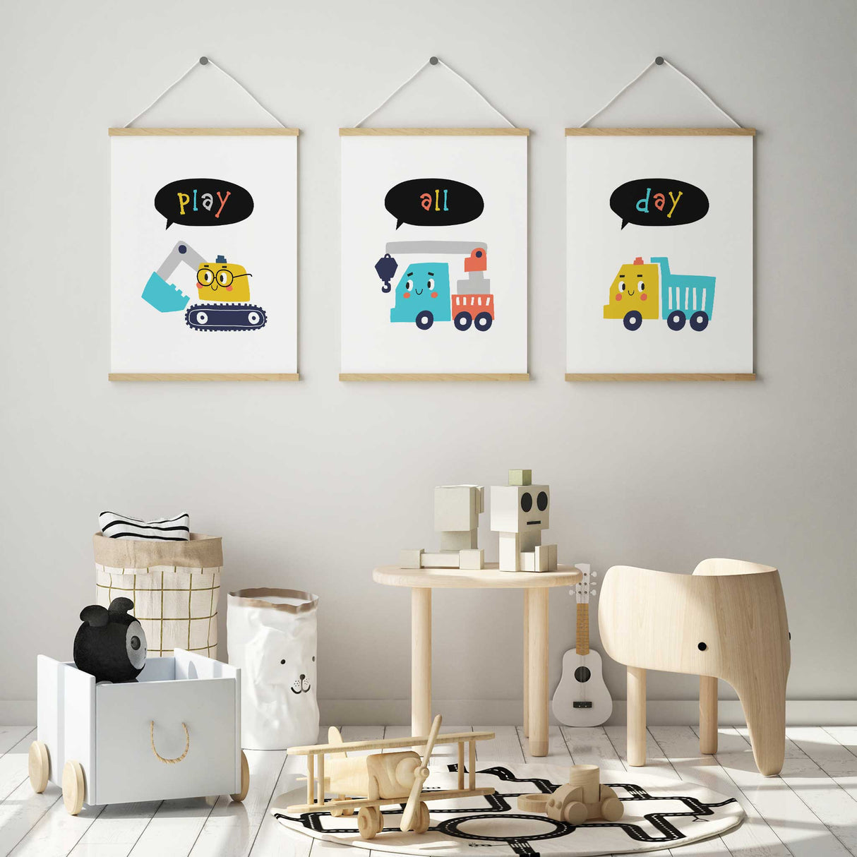 Play all day construction wall art set with colourful trucks