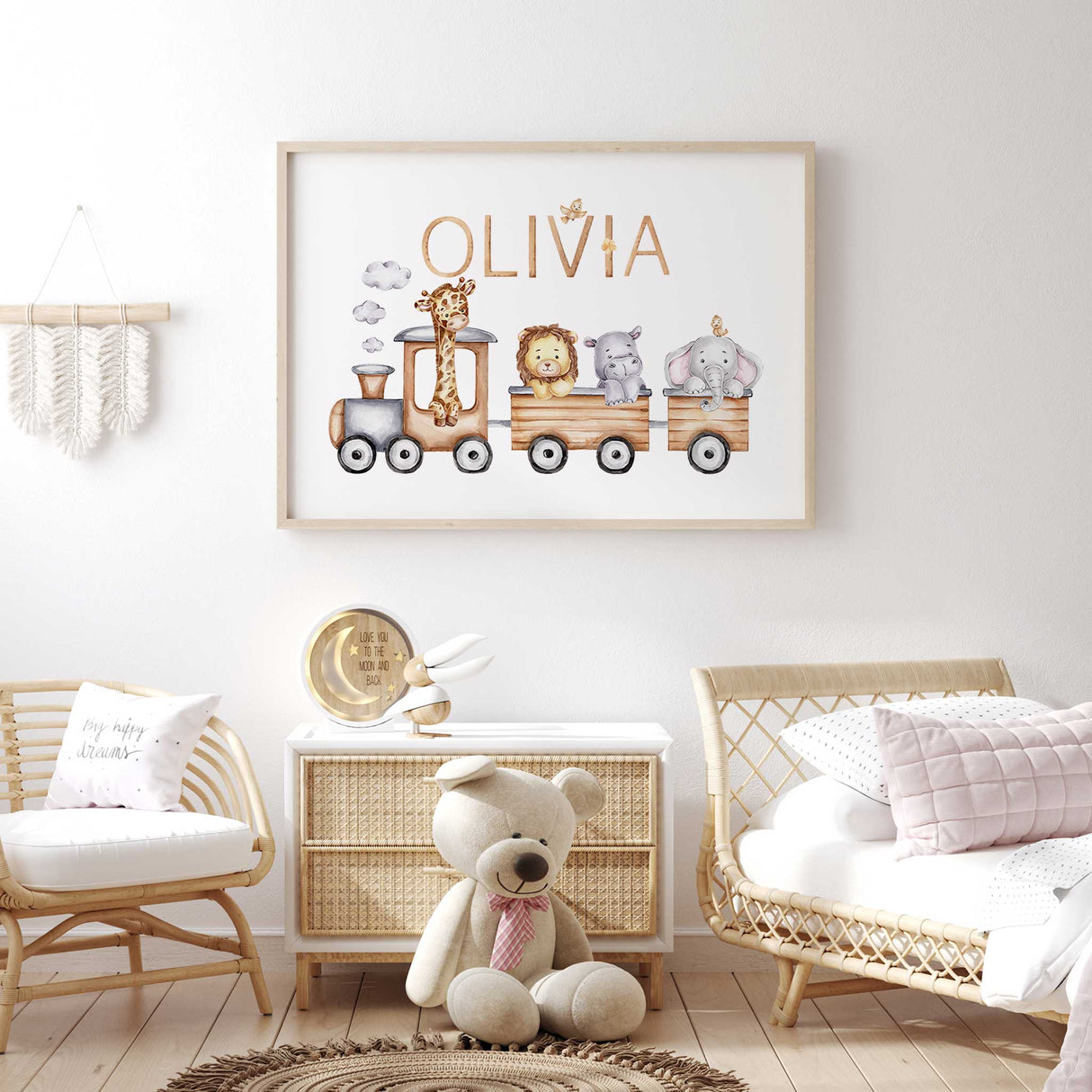 Safari animal train wall art for girls nursery with personalised name