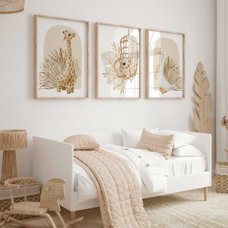 Teddy bear in rattan swing safari nursery wall art in neutral beige tones