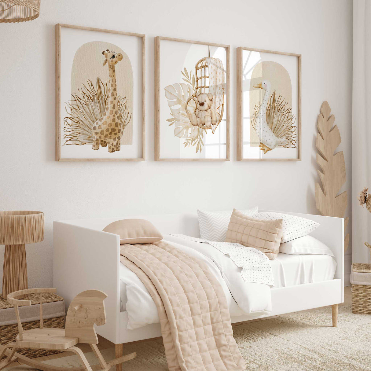 Teddy bear in rattan swing safari nursery wall art in neutral beige tones