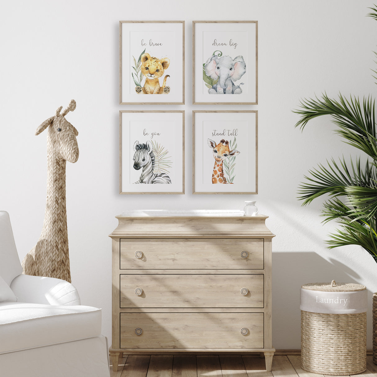 Inspirational animal nursery print set featuring cute safari animals and quotes like be brave, dream big, and stand tall.