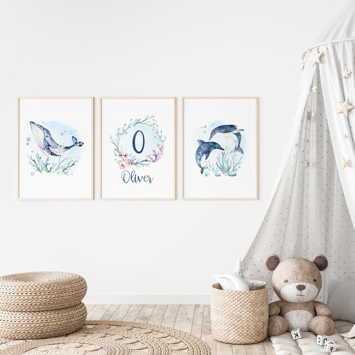 Set of 3 watercolour paintings featuring dolphins, a whale, and seaweed in an underwater theme perfect for nursery