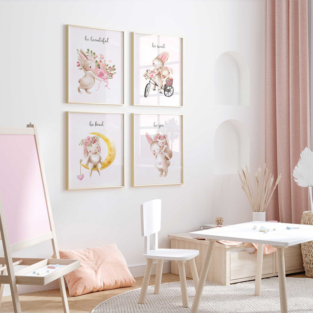 Adorable bunny nursery wall art set with pastel watercolor design, perfect for girls rooms and baby decor.