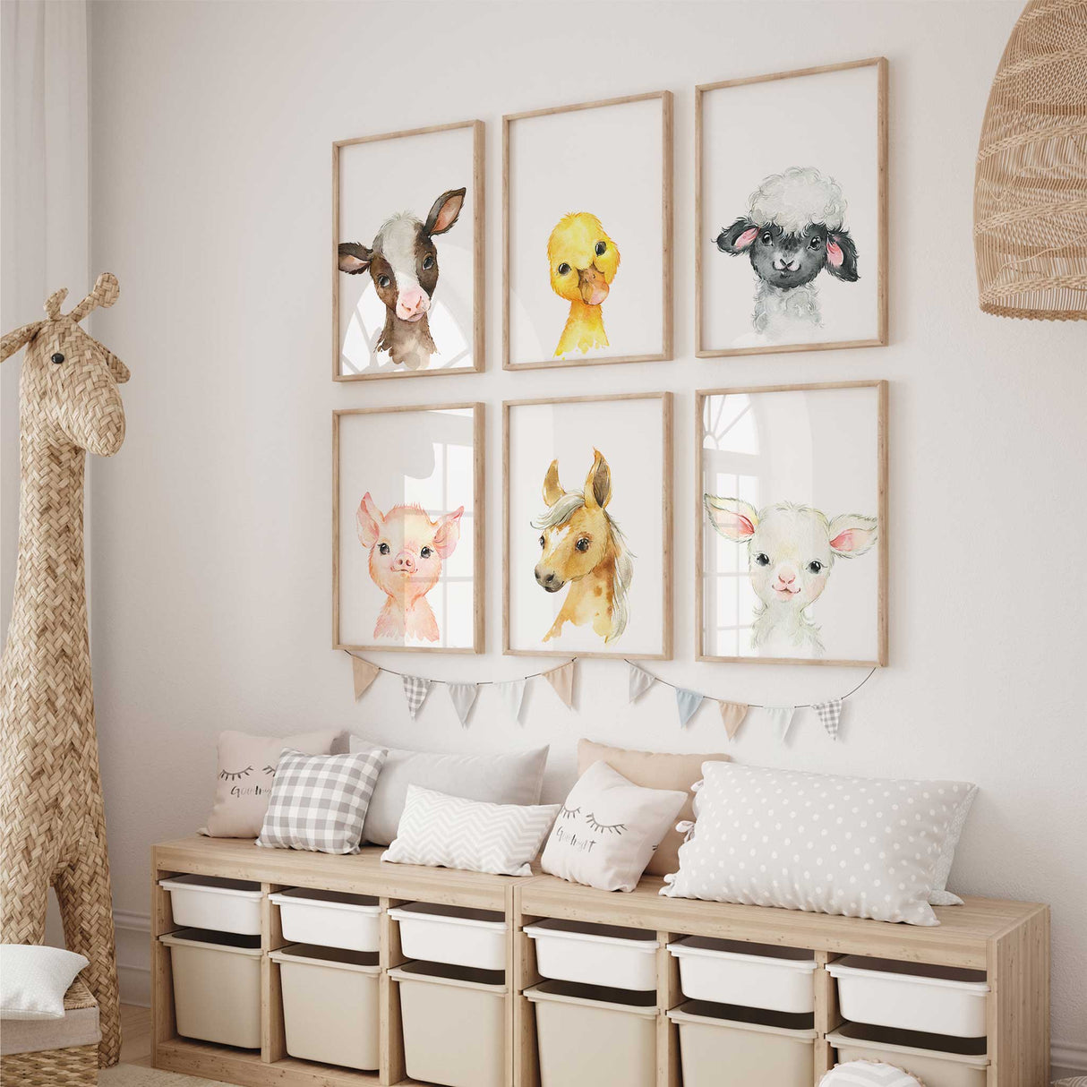 sweet baby farm animals painted in soft tones for nursery or playroom