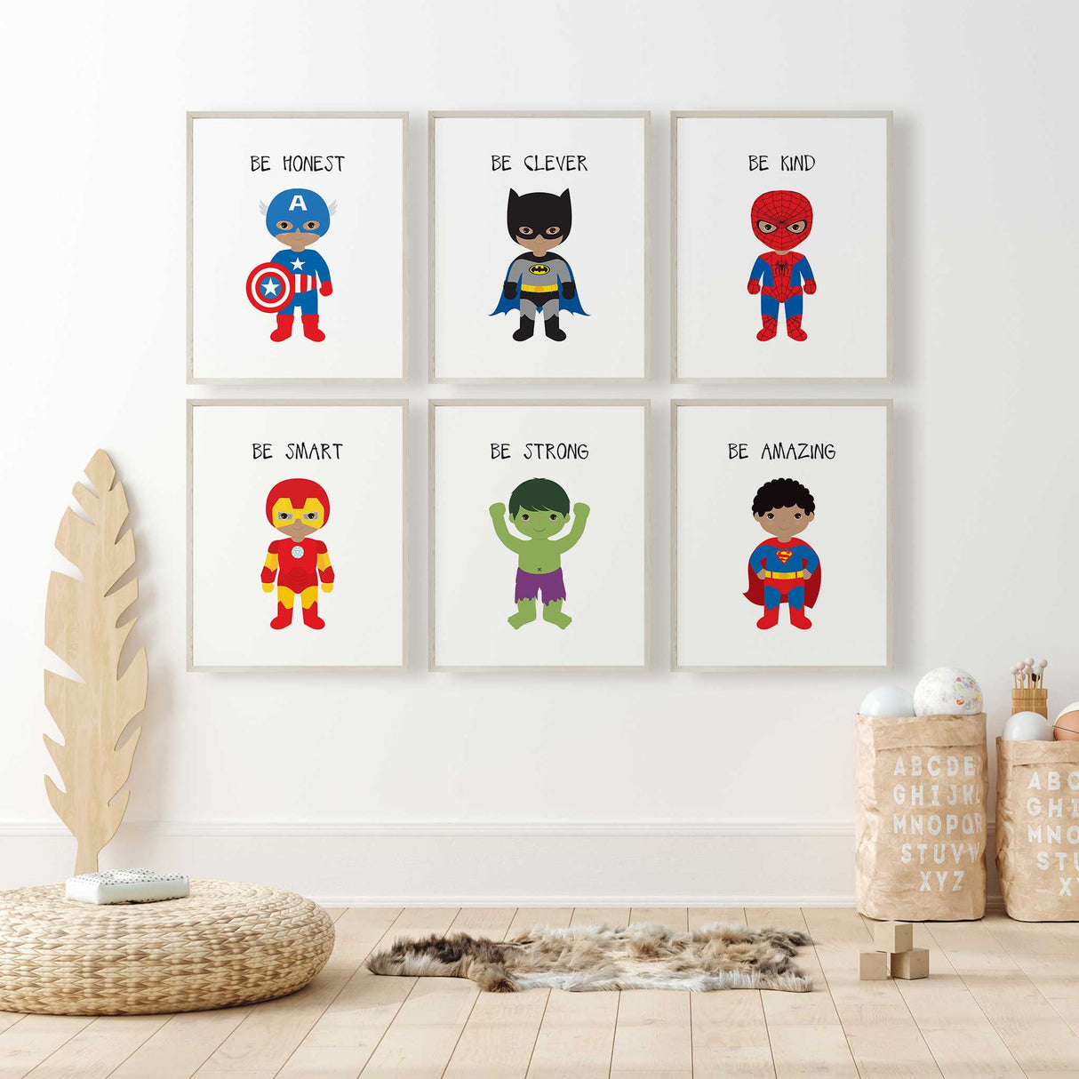 Superhero wall art for kids, showcasing fun comic-style illustrations with motivational messages to inspire bravery and confidence